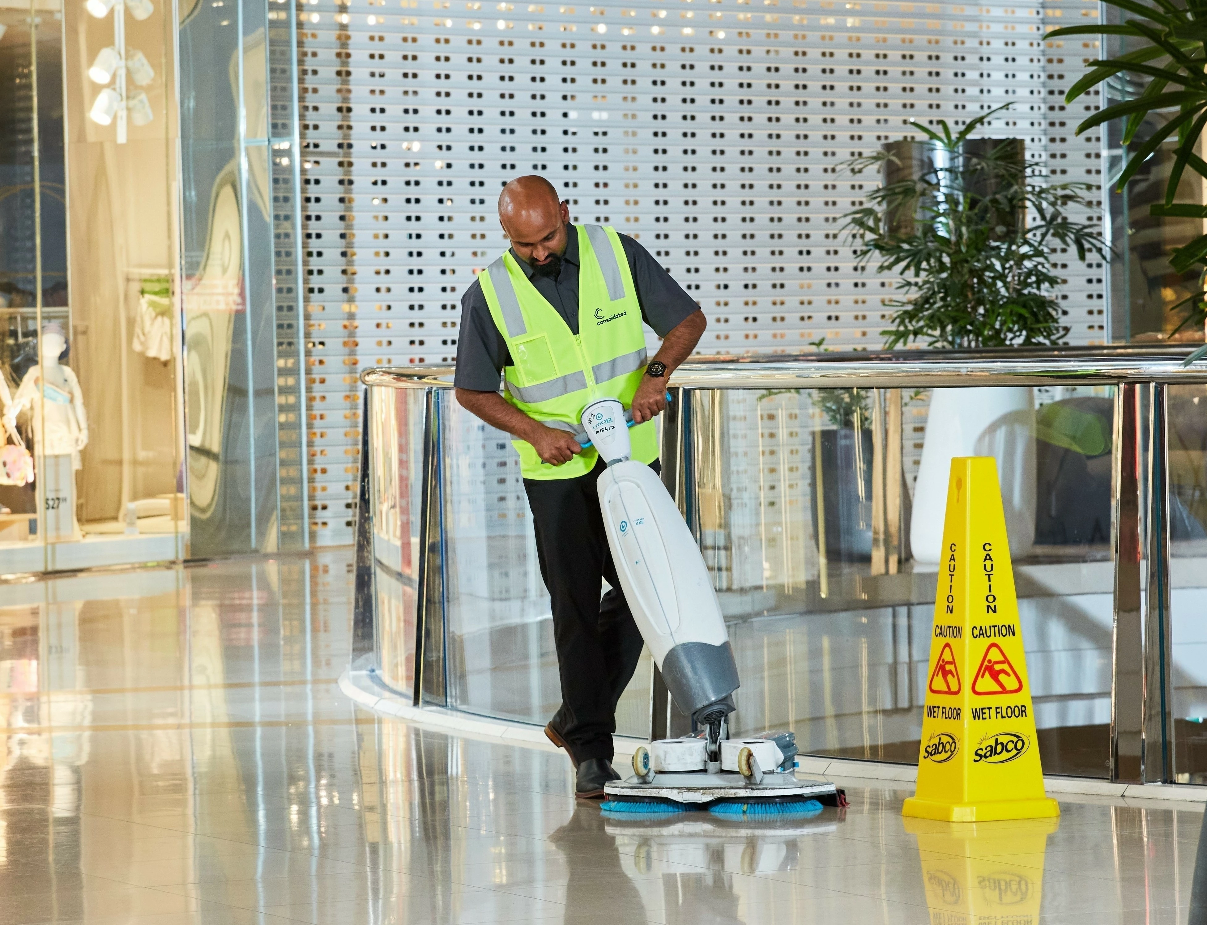 Cleaner cleaning retail floor