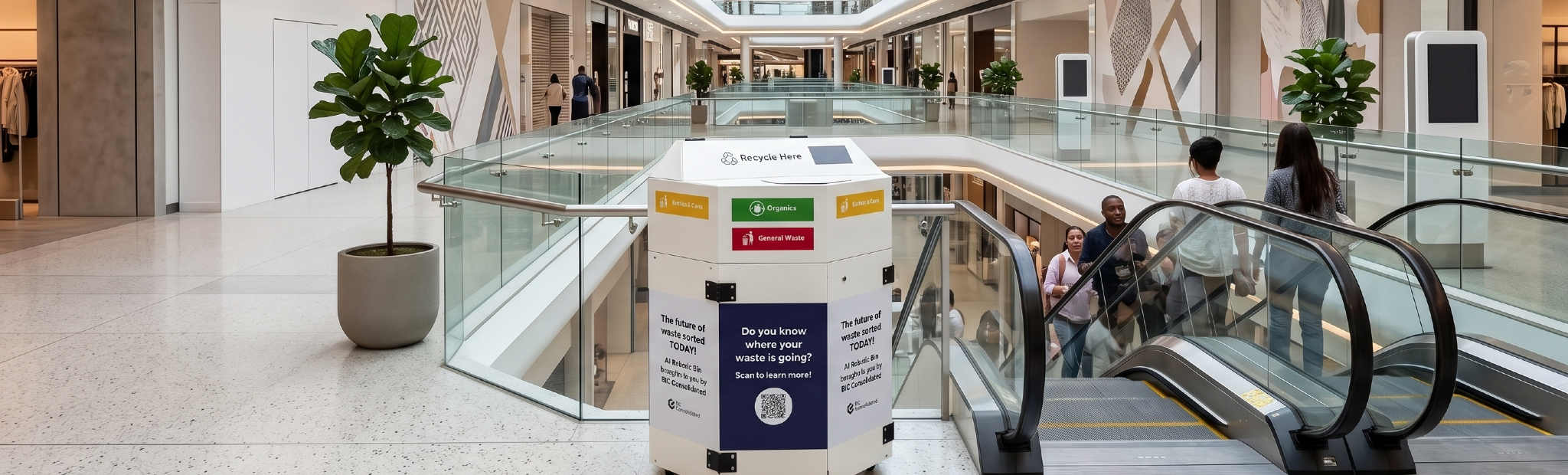 AI waste sorting machine in a shopping center by the escalator